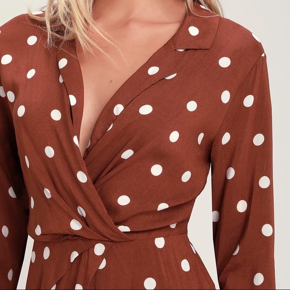 Rust Brown Polka Dot Surplice Mini Dress Small - Picture 4 of 6